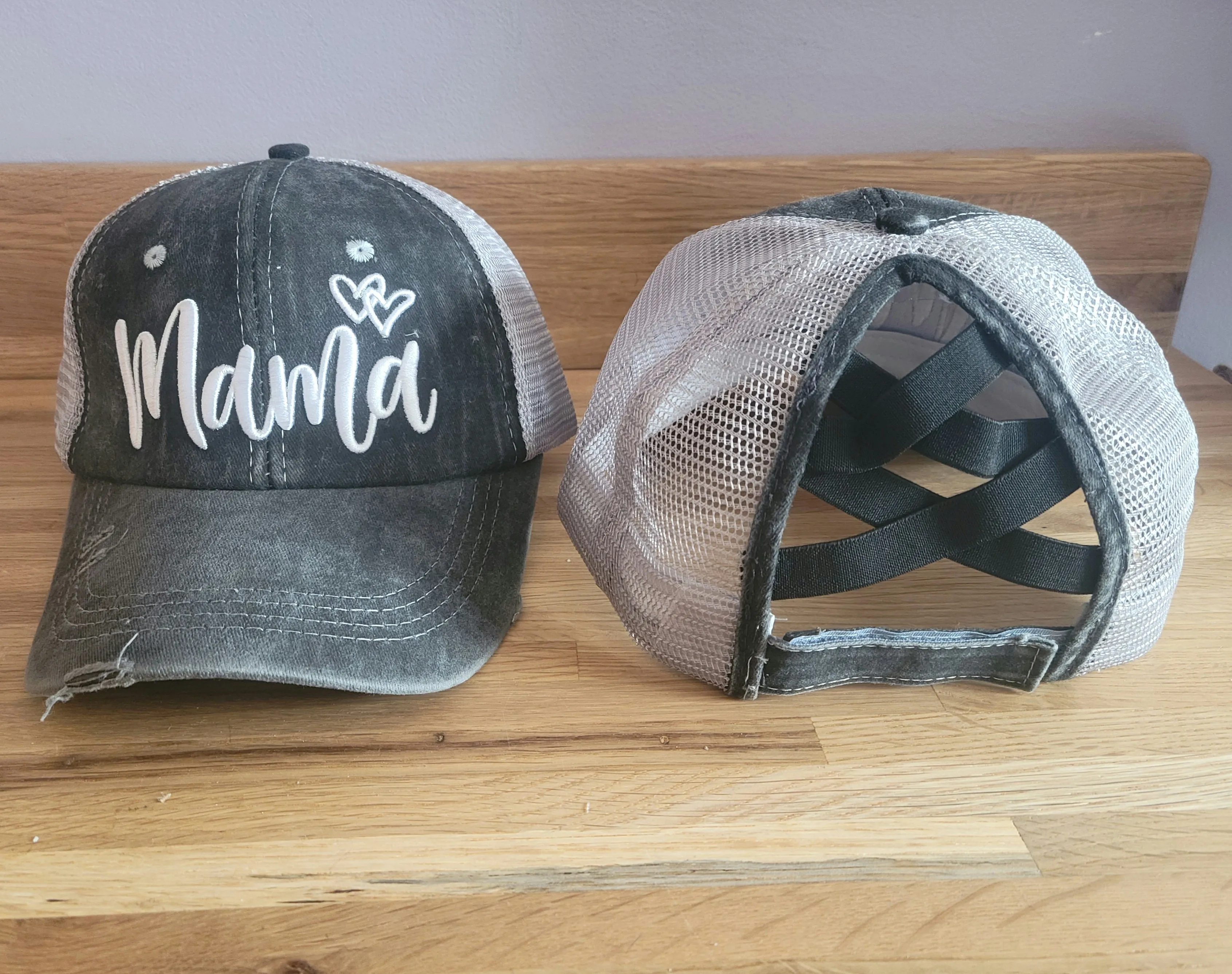 Distressed Embroidered  Criss Cross Ponytail Hat - 24 Options