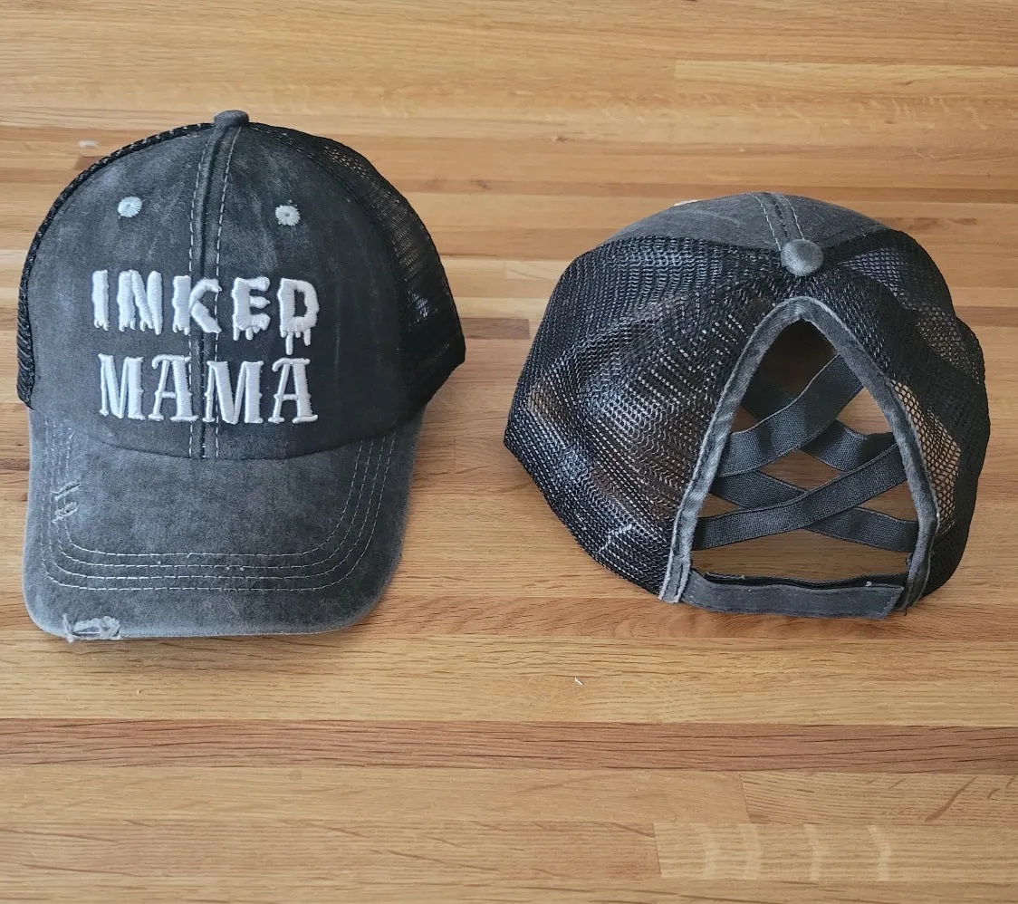 Distressed Embroidered  Criss Cross Ponytail Hat - 24 Options
