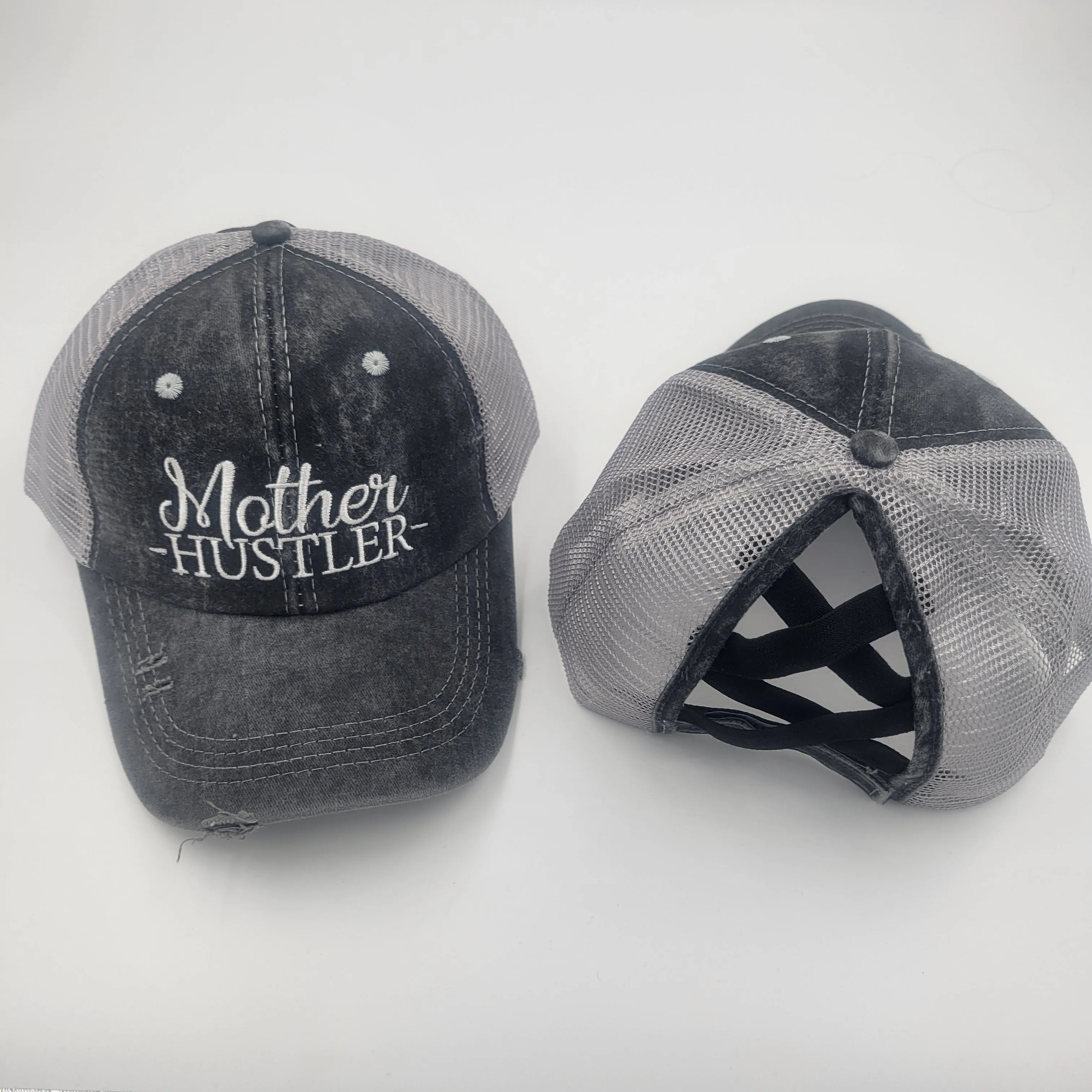 Distressed Embroidered  Criss Cross Ponytail Hat - 24 Options