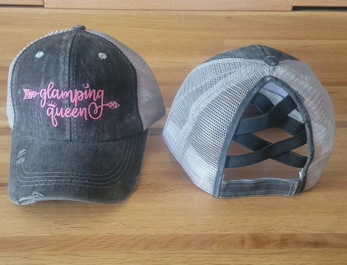 Distressed Embroidered  Criss Cross Ponytail Hat - 24 Options