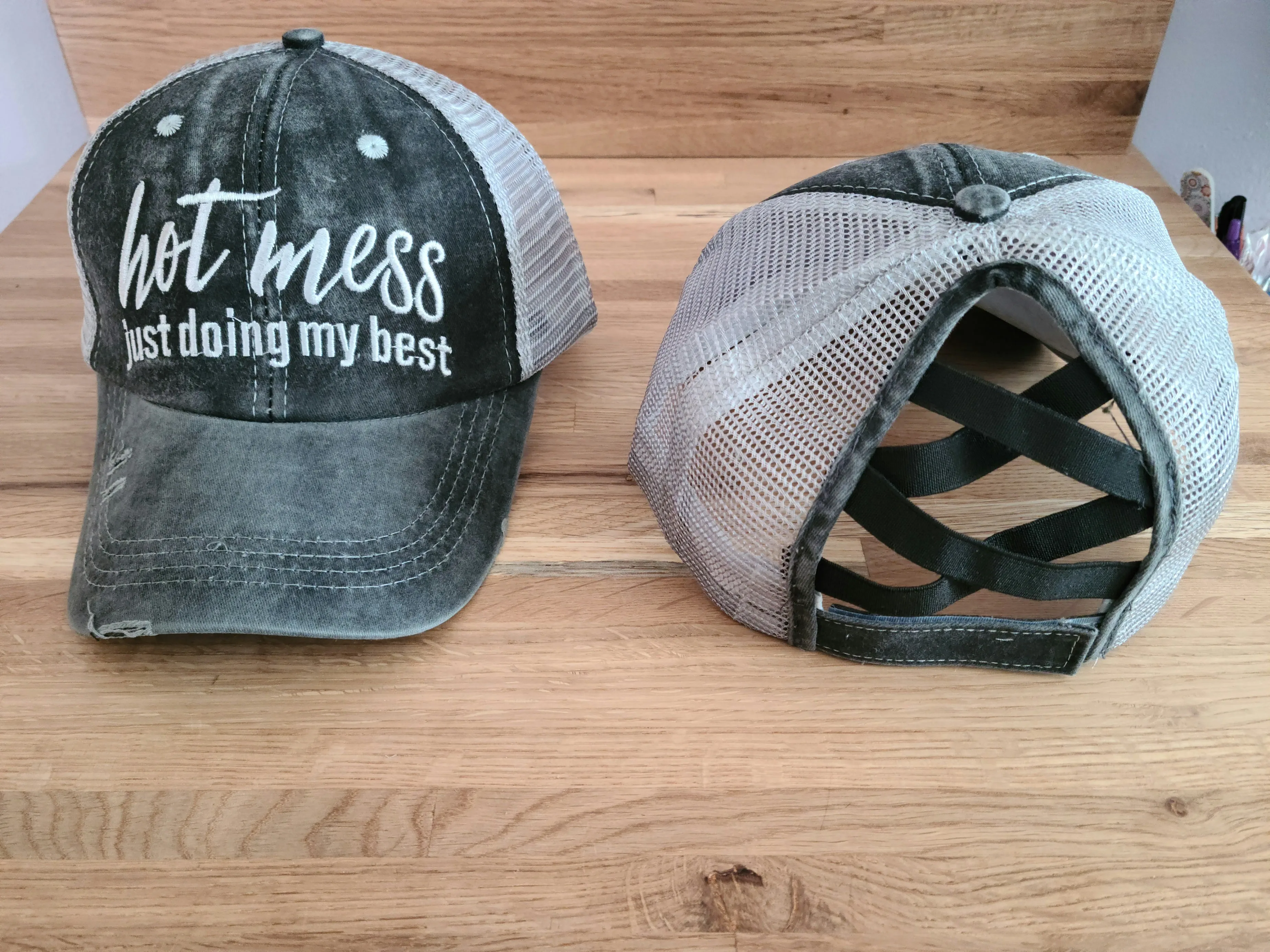 Distressed Embroidered  Criss Cross Ponytail Hat - 24 Options