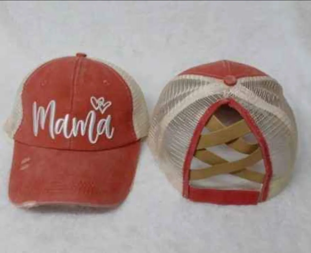 Distressed Embroidered  Criss Cross Ponytail Hat - 24 Options