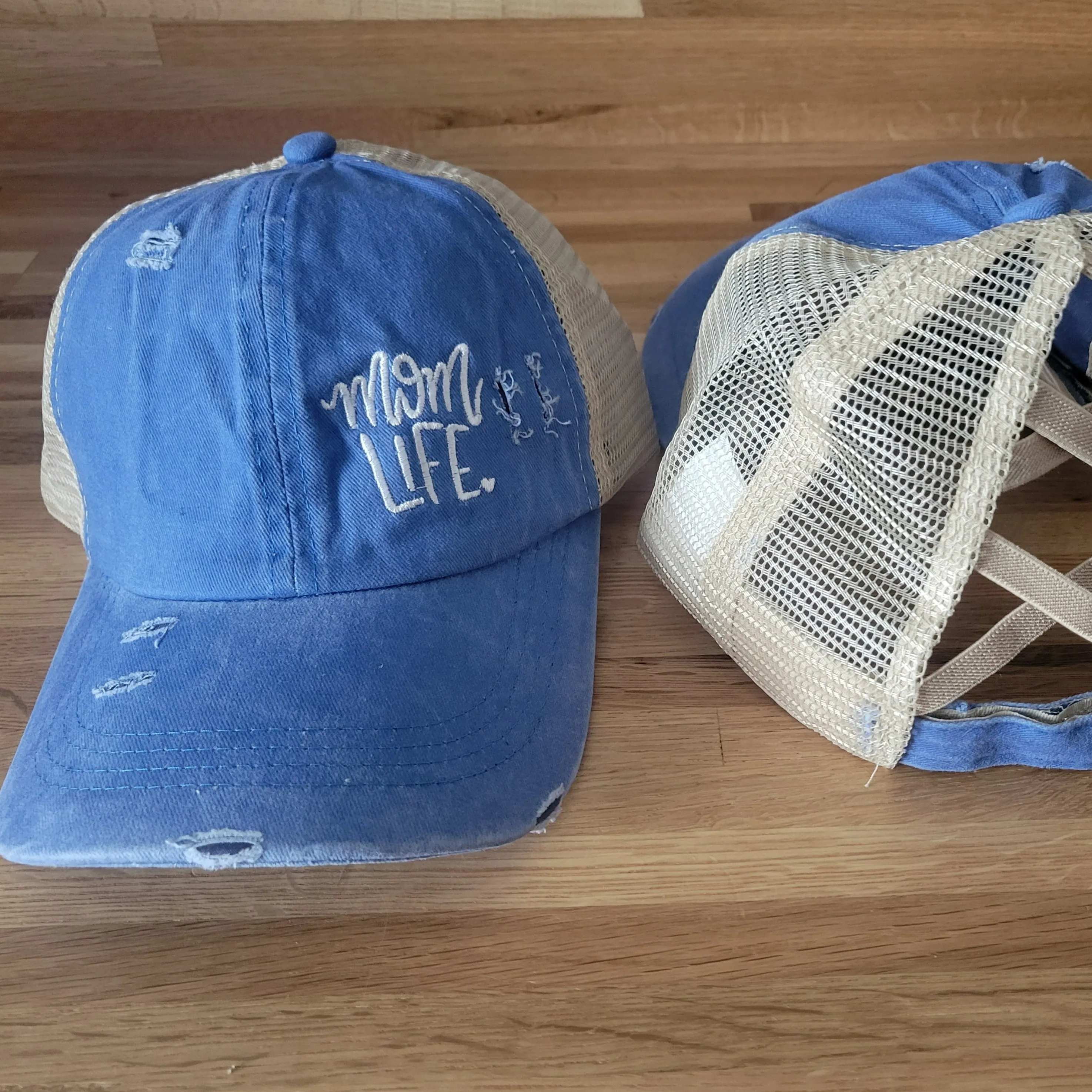 Distressed Embroidered  Criss Cross Ponytail Hat - 24 Options