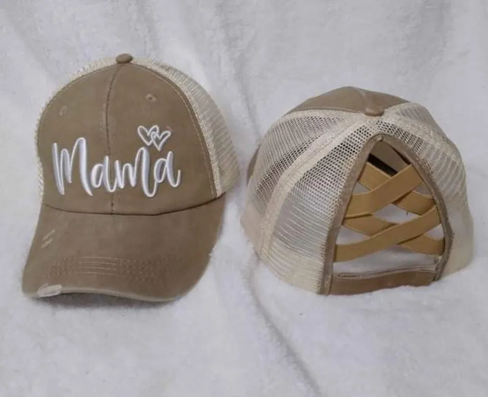 Distressed Embroidered  Criss Cross Ponytail Hat - 24 Options