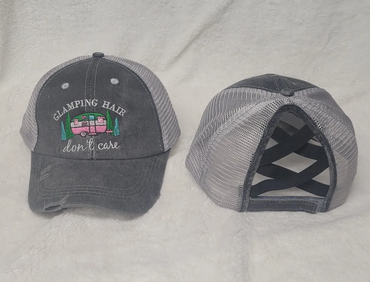 Distressed Embroidered  Criss Cross Ponytail Hat - 24 Options