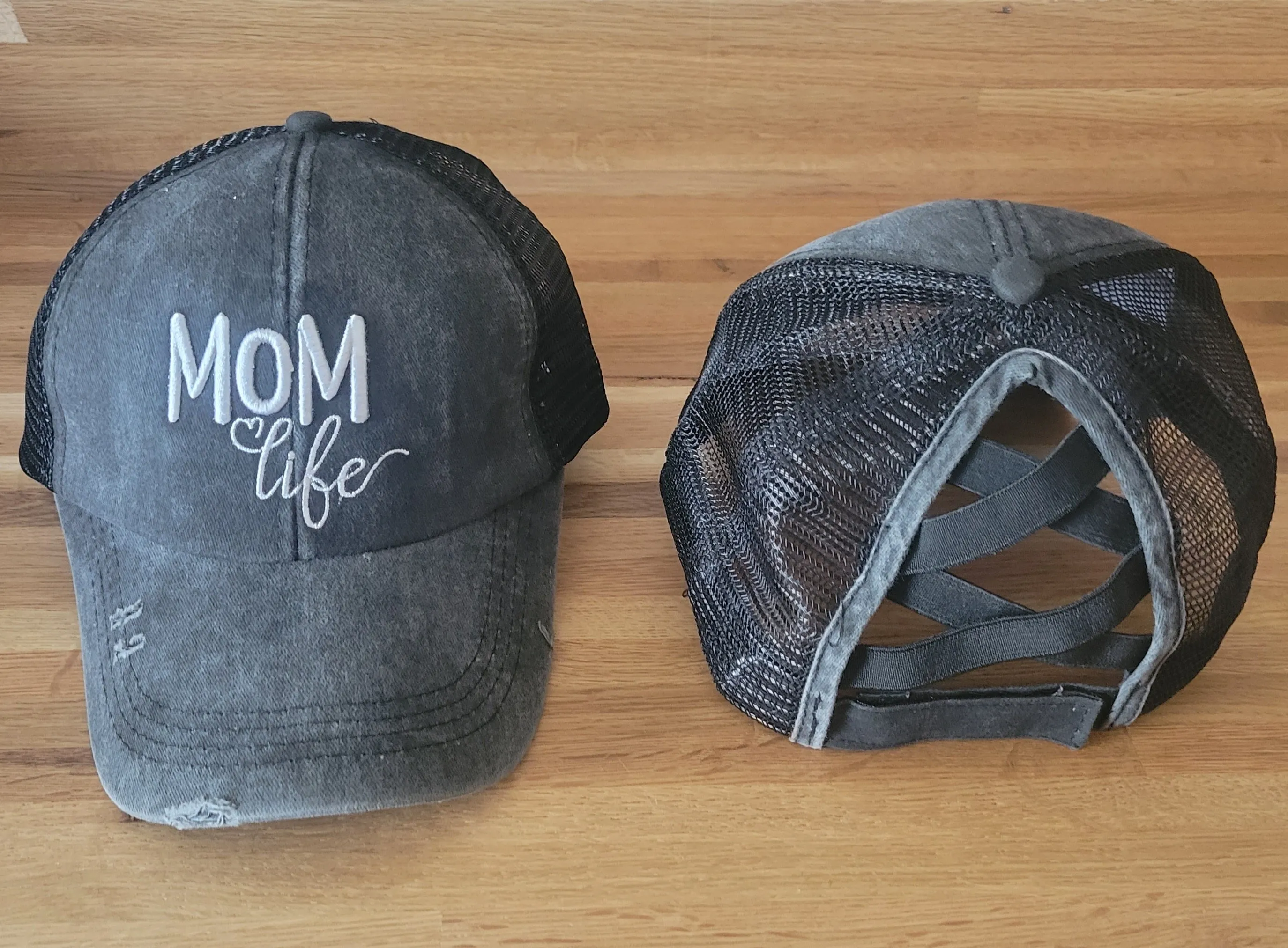 Distressed Embroidered  Criss Cross Ponytail Hat - 24 Options