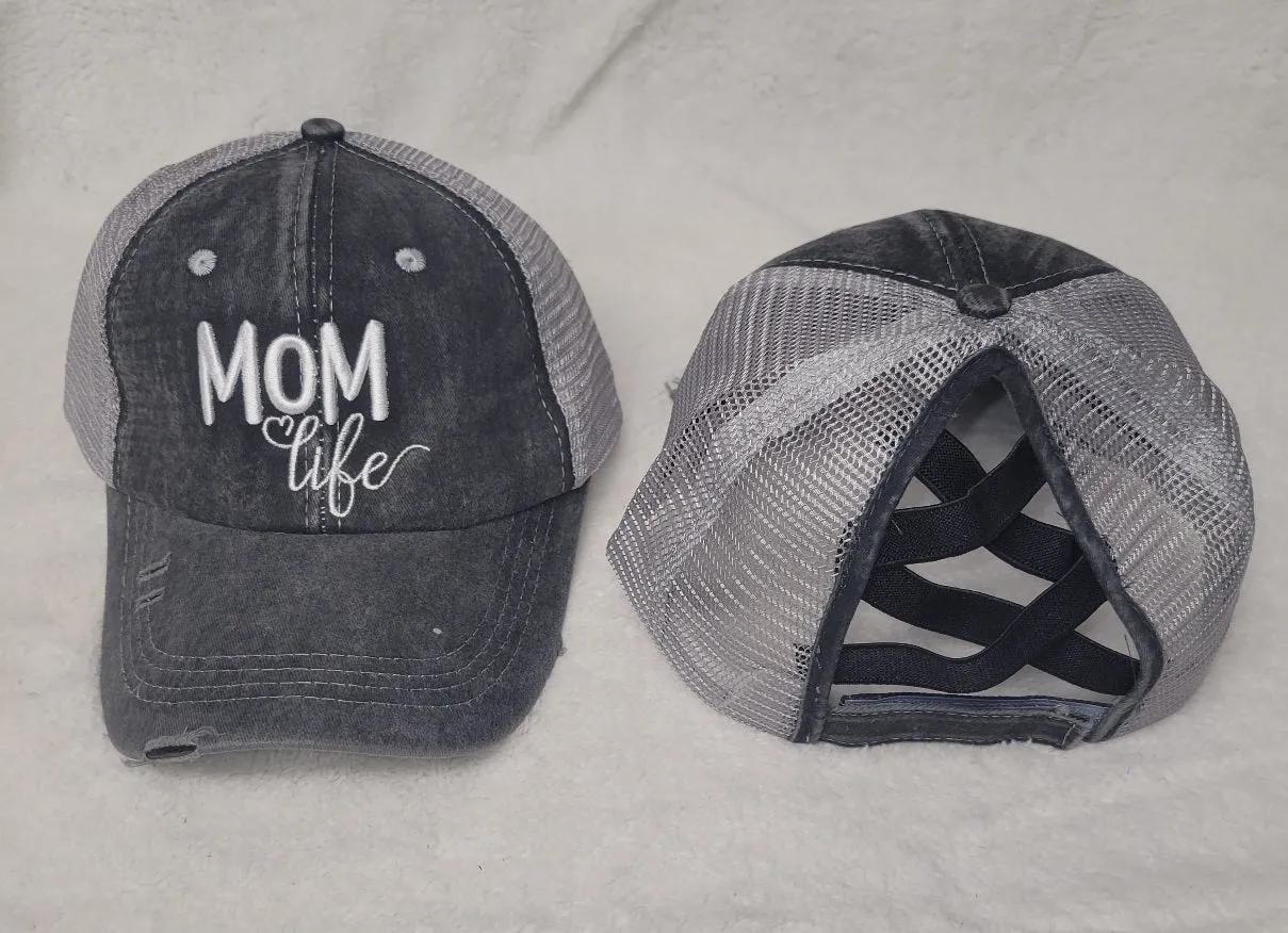 Distressed Embroidered  Criss Cross Ponytail Hat - 24 Options