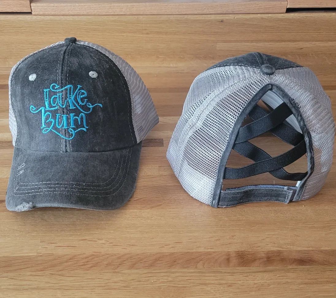 Distressed Embroidered  Criss Cross Ponytail Hat - 24 Options