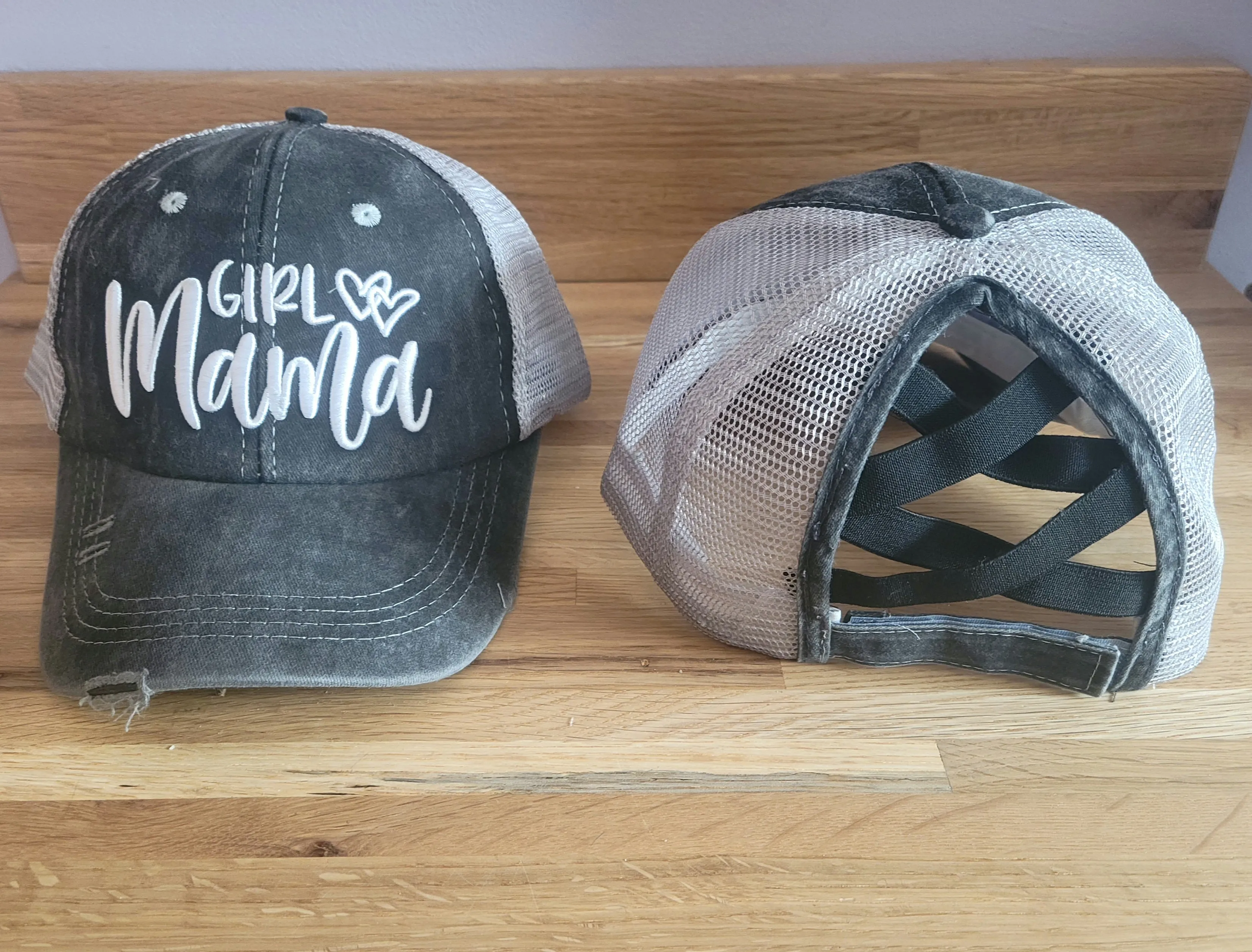 Distressed Embroidered  Criss Cross Ponytail Hat - 24 Options