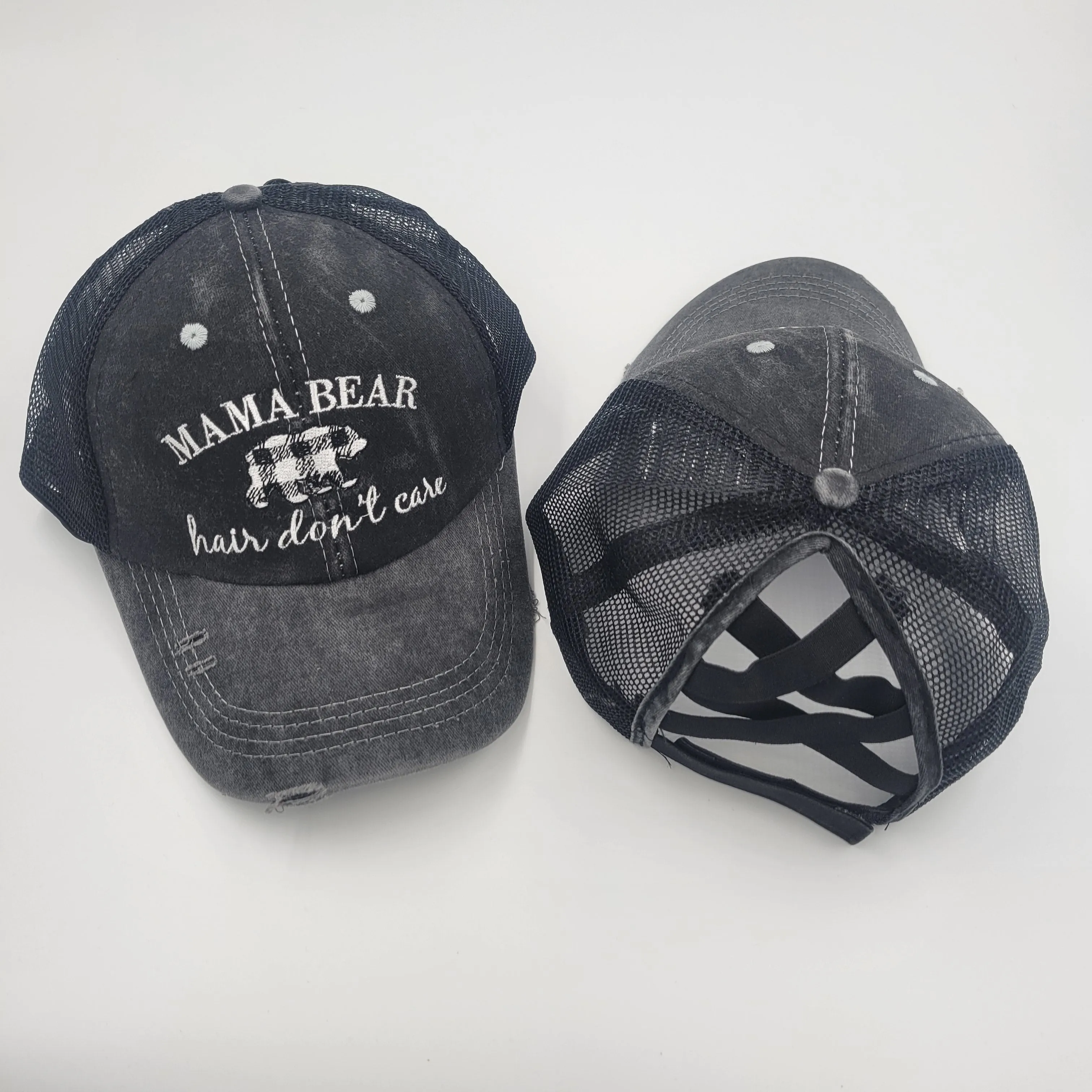 Distressed Embroidered  Criss Cross Ponytail Hat - 24 Options