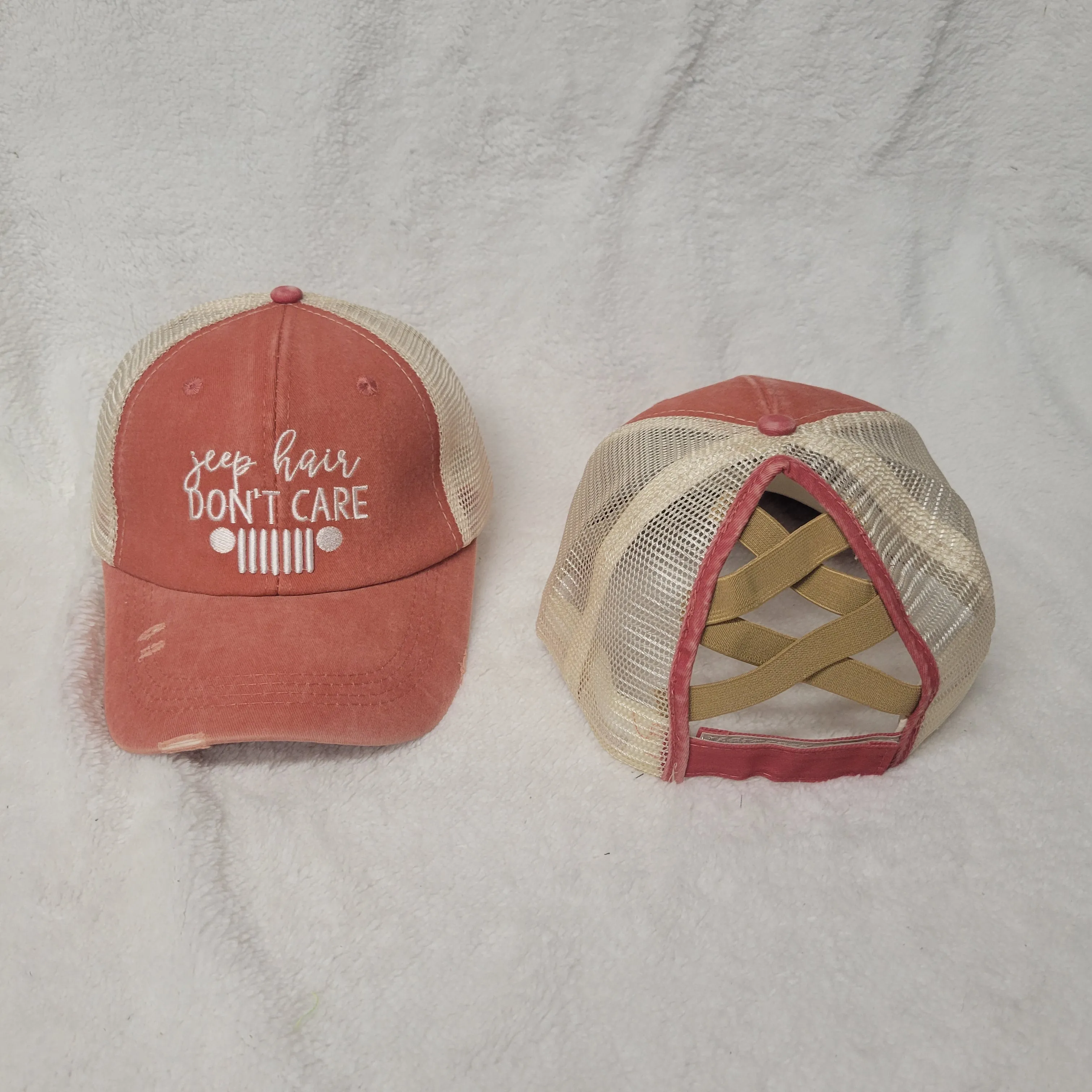 Distressed Embroidered  Criss Cross Ponytail Hat - 24 Options