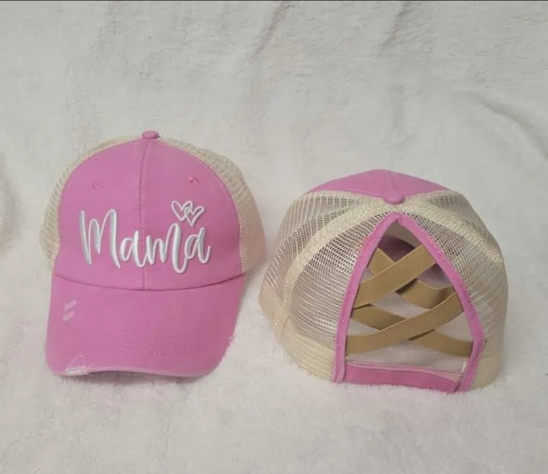 Distressed Embroidered  Criss Cross Ponytail Hat - 24 Options