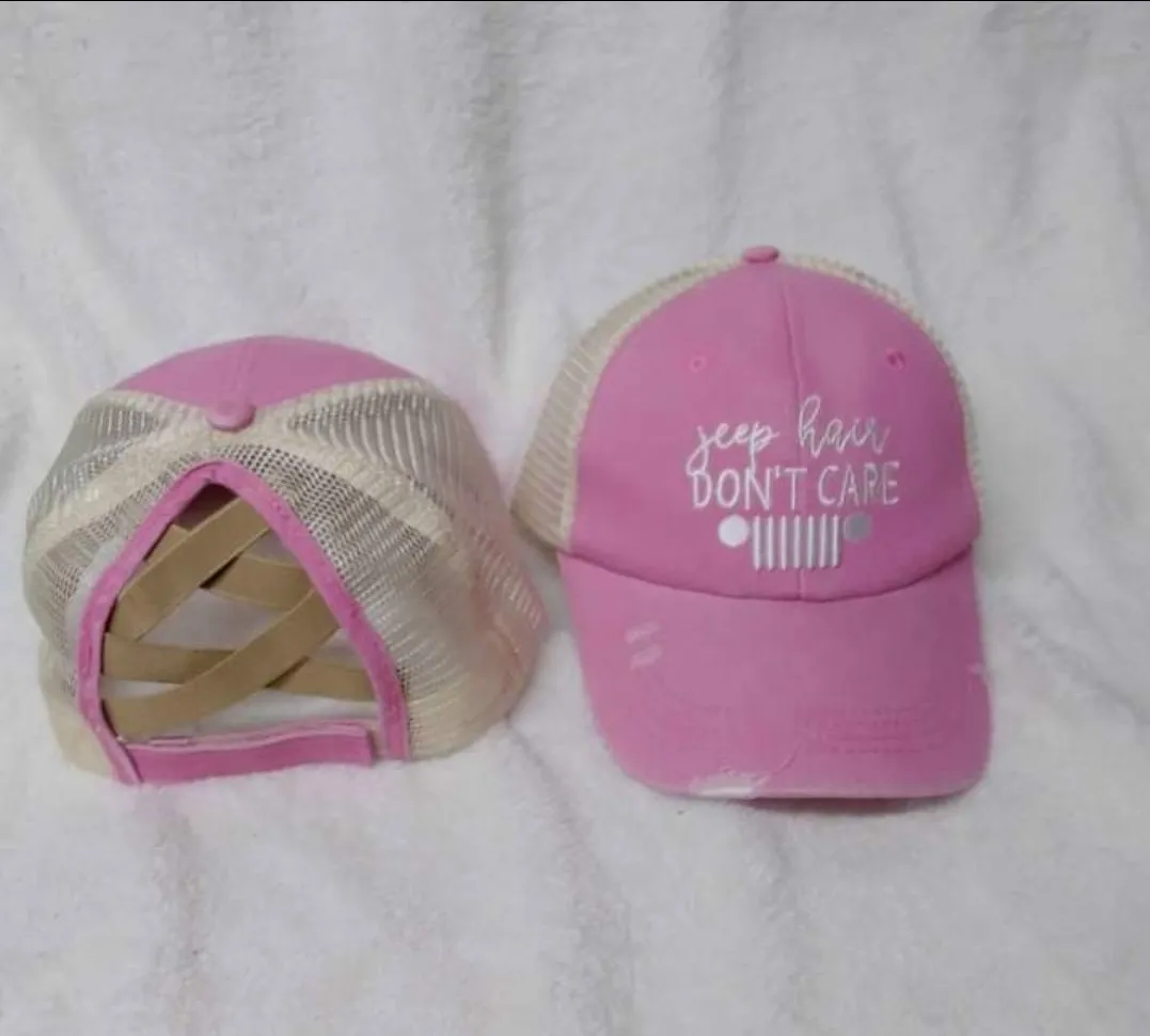 Distressed Embroidered  Criss Cross Ponytail Hat - 24 Options