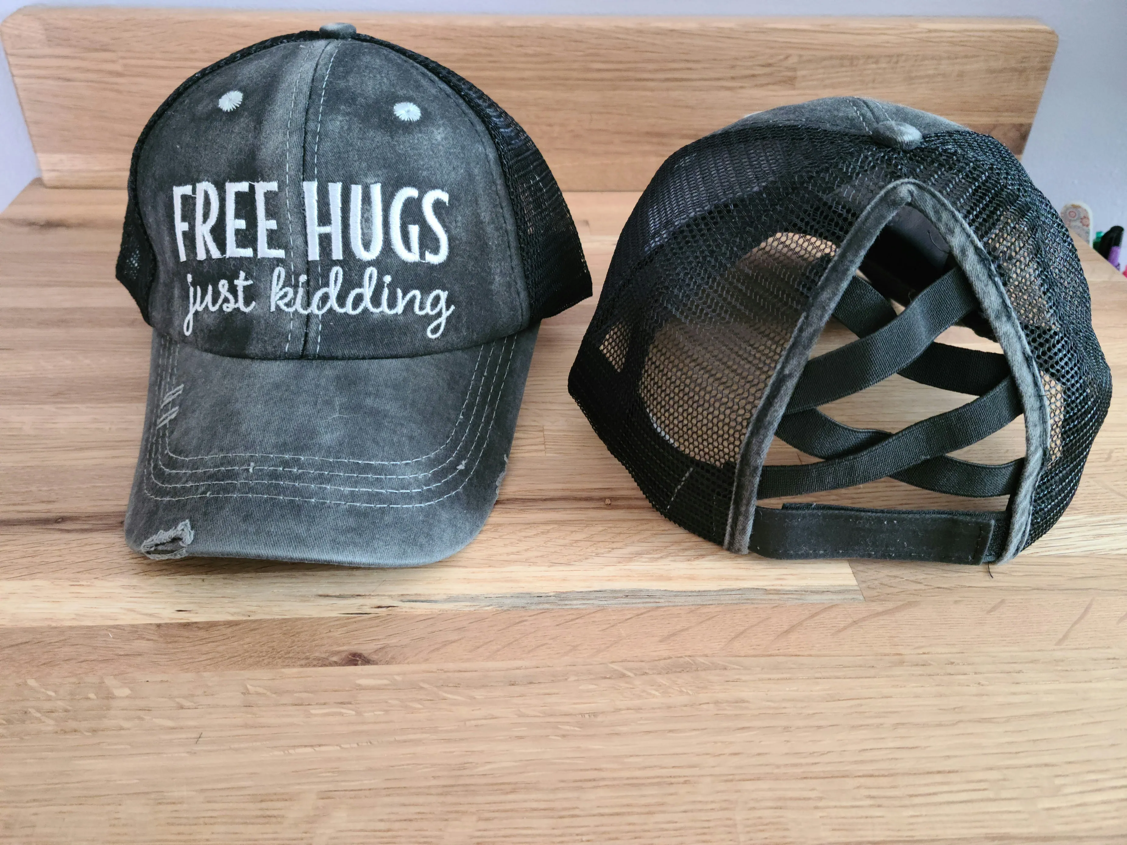 Distressed Embroidered  Criss Cross Ponytail Hat - 24 Options