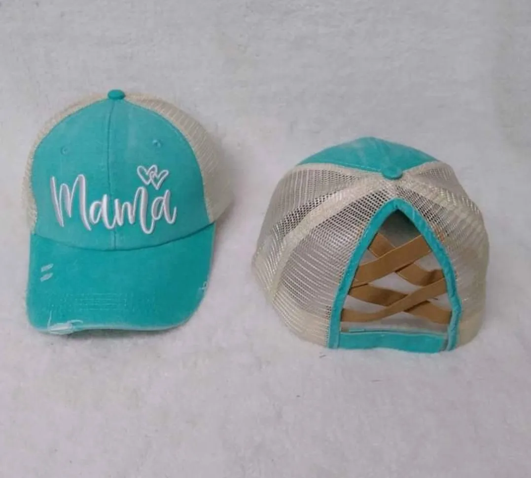Distressed Embroidered  Criss Cross Ponytail Hat - 24 Options