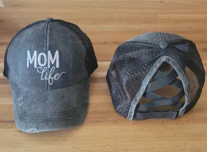 Distressed Embroidered  Criss Cross Ponytail Hat - 24 Options
