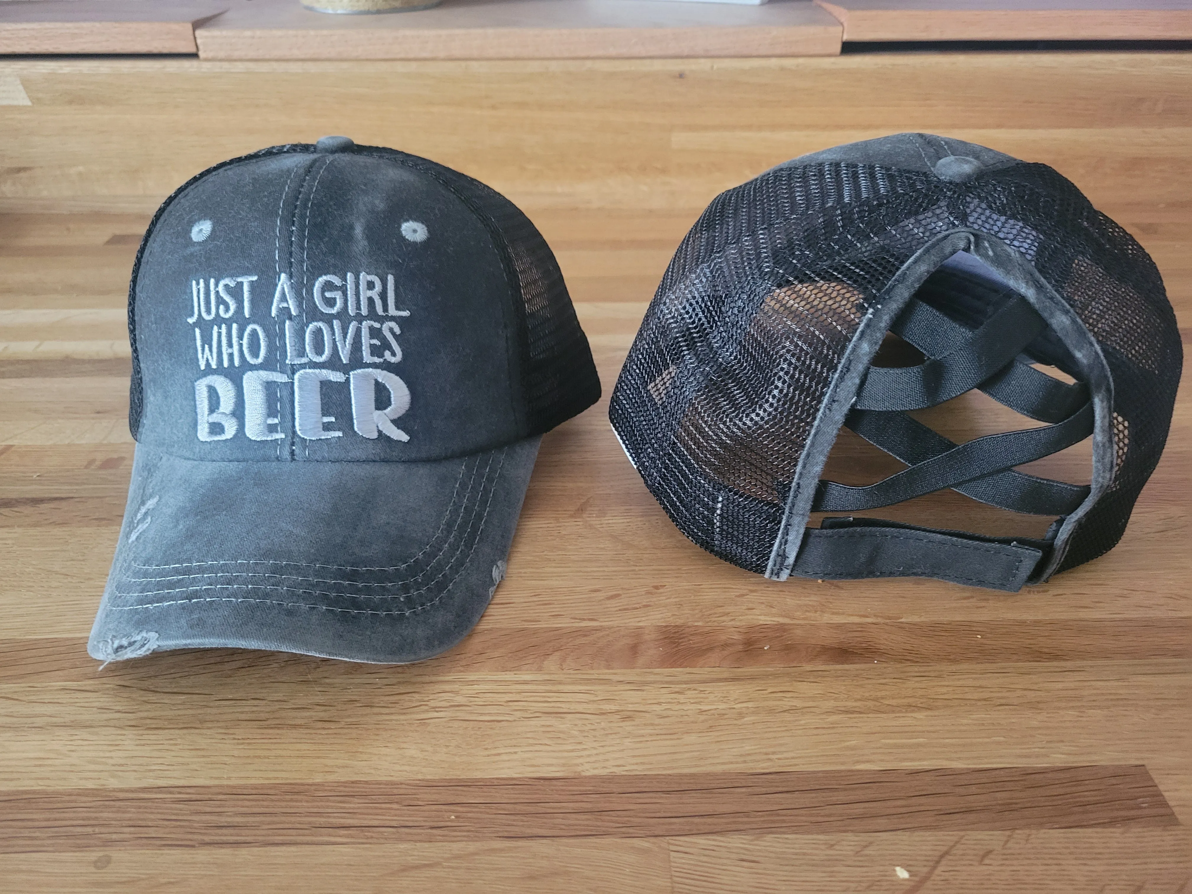Distressed Embroidered  Criss Cross Ponytail Hat - 24 Options