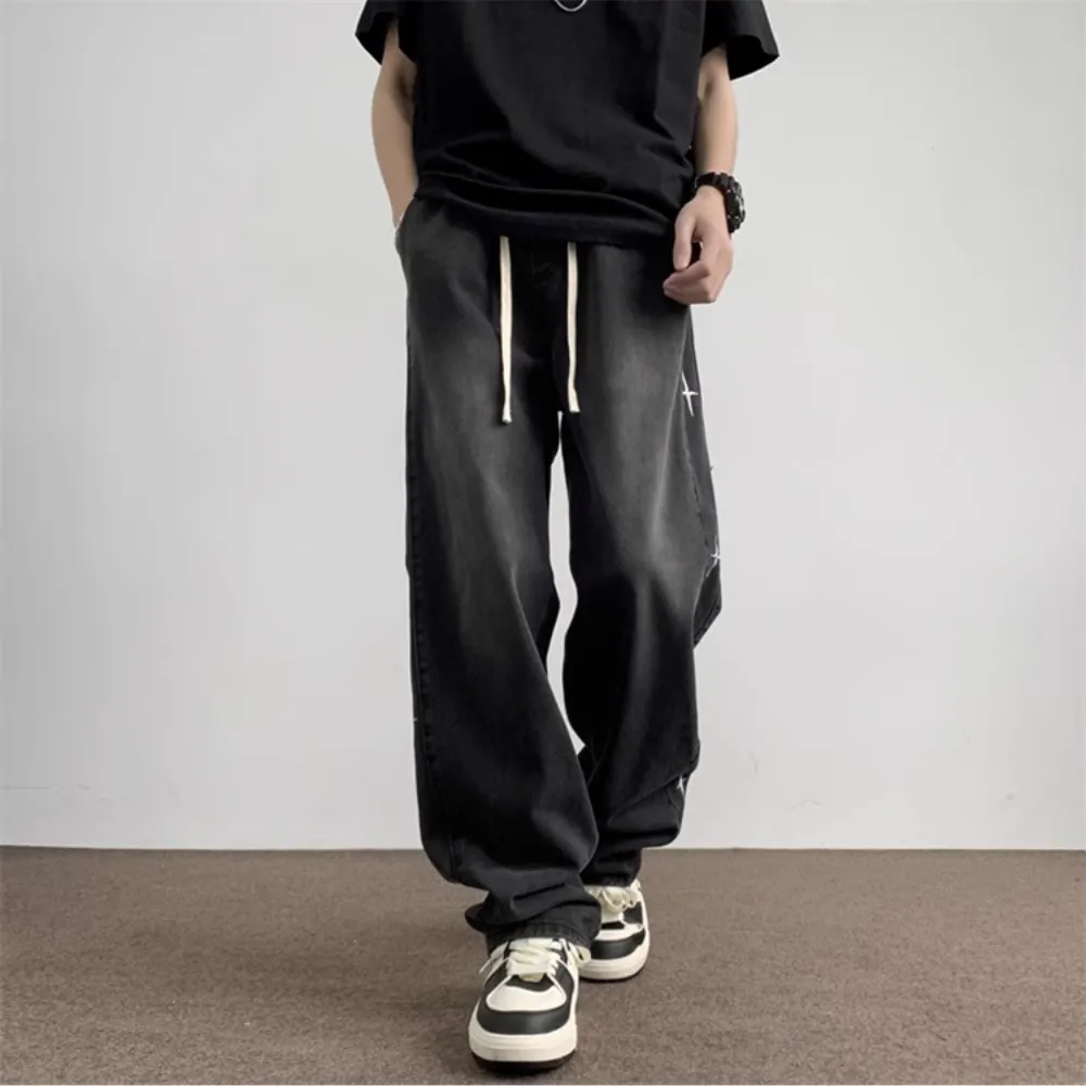 Distressed Side Star Embroidery Jeans