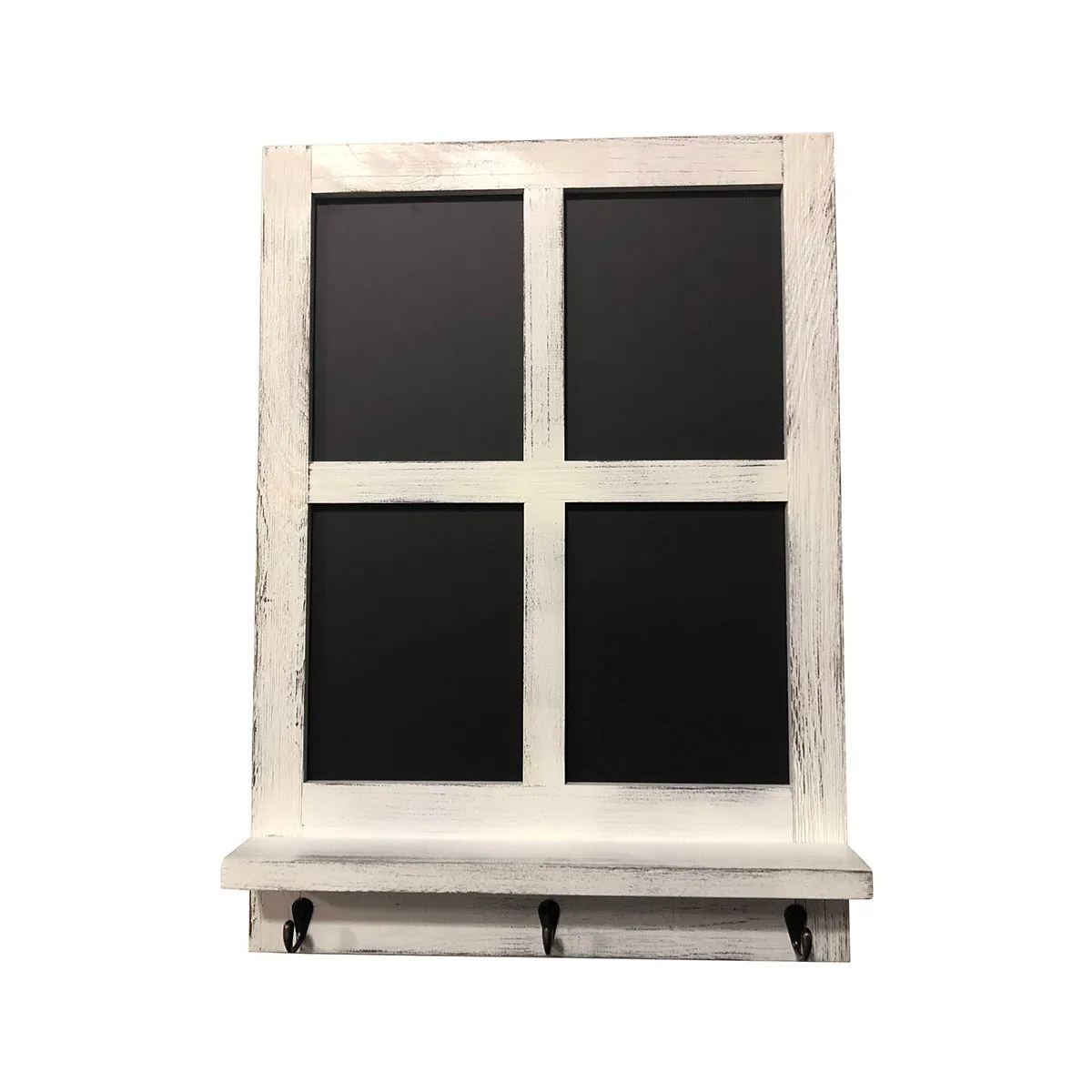 Distressed White Reclaimed Wood 4 Pane Chalkboard Shelf with Hooks
