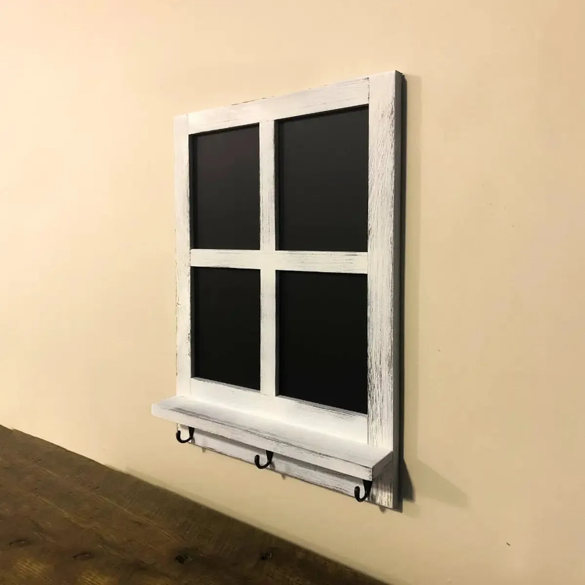 Distressed White Reclaimed Wood 4 Pane Chalkboard Shelf with Hooks