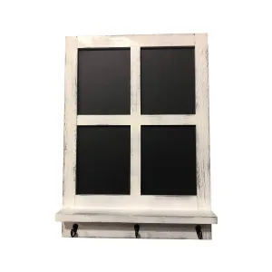 Distressed White Reclaimed Wood 4 Pane Chalkboard Shelf with Hooks