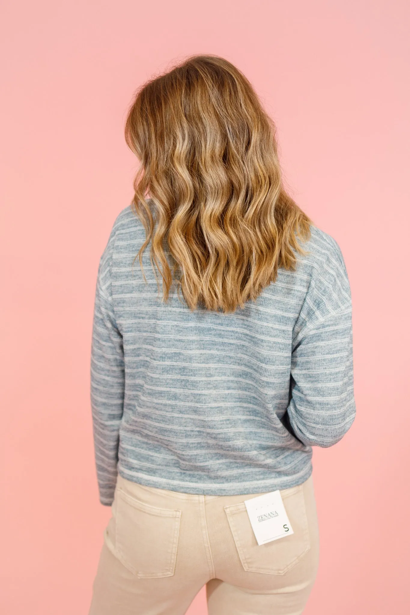 Dusty Blue Stripe Split Neck Top