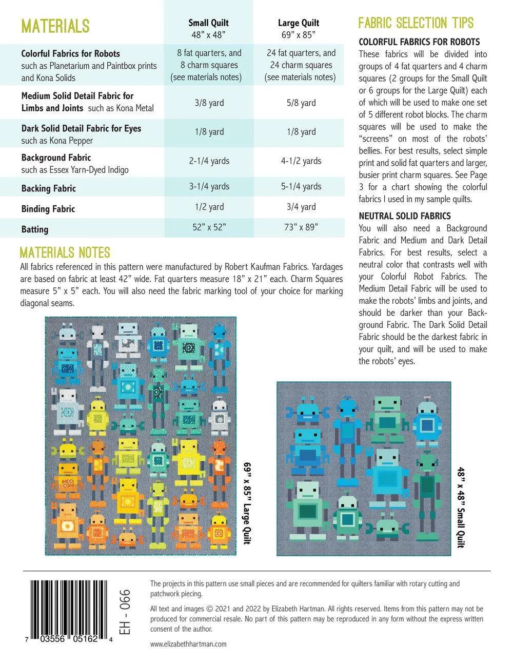 Elizabeth Hartman - Robots - Small & Large Quilt Sampler Pattern