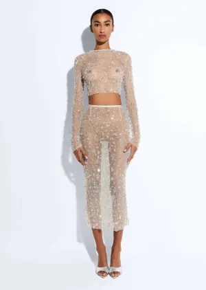 Embroidered Mesh Pencil Skirt
