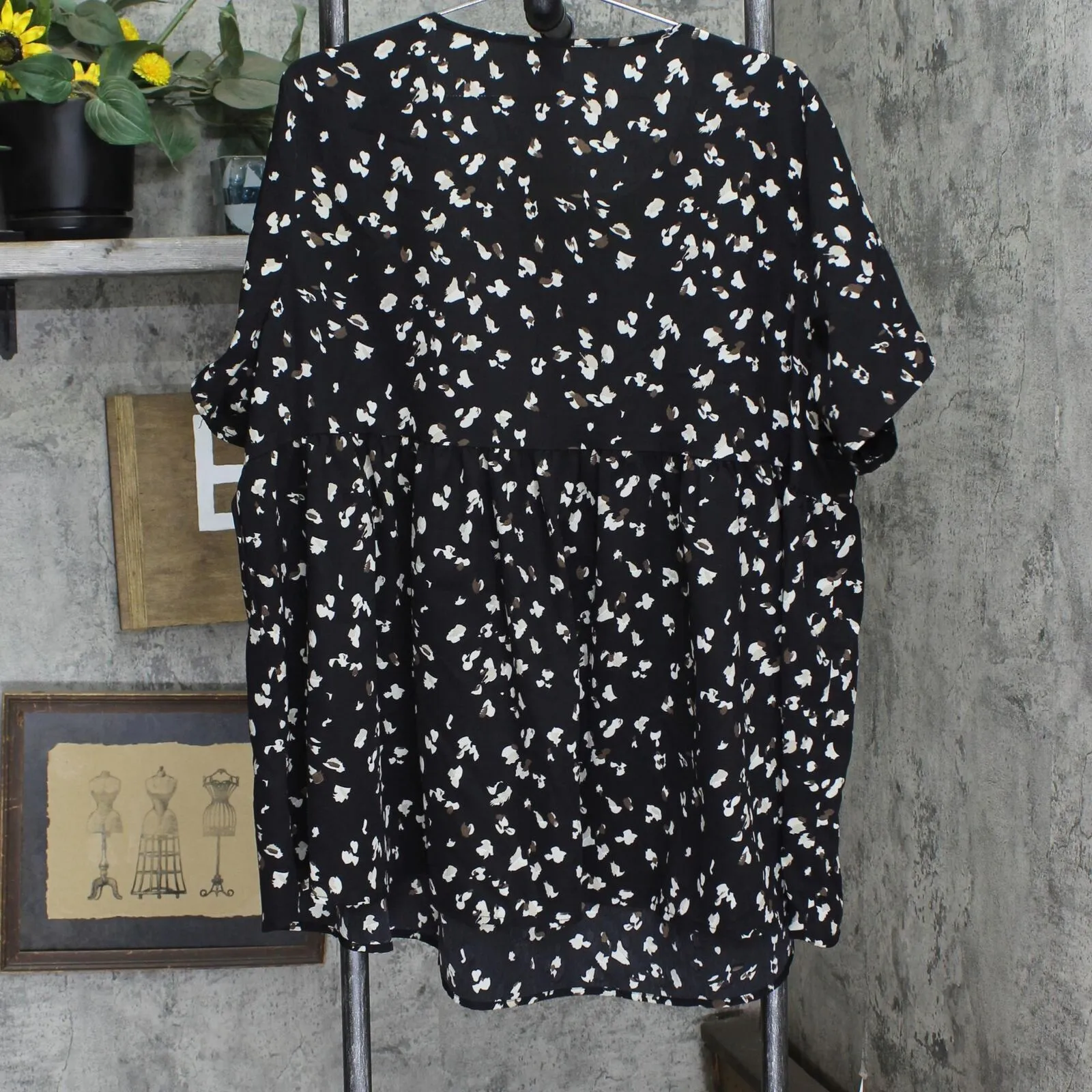 Emery Rose Plus Size Woven Babydoll Tunic Blouse Shirt Top Black Multi 3XL