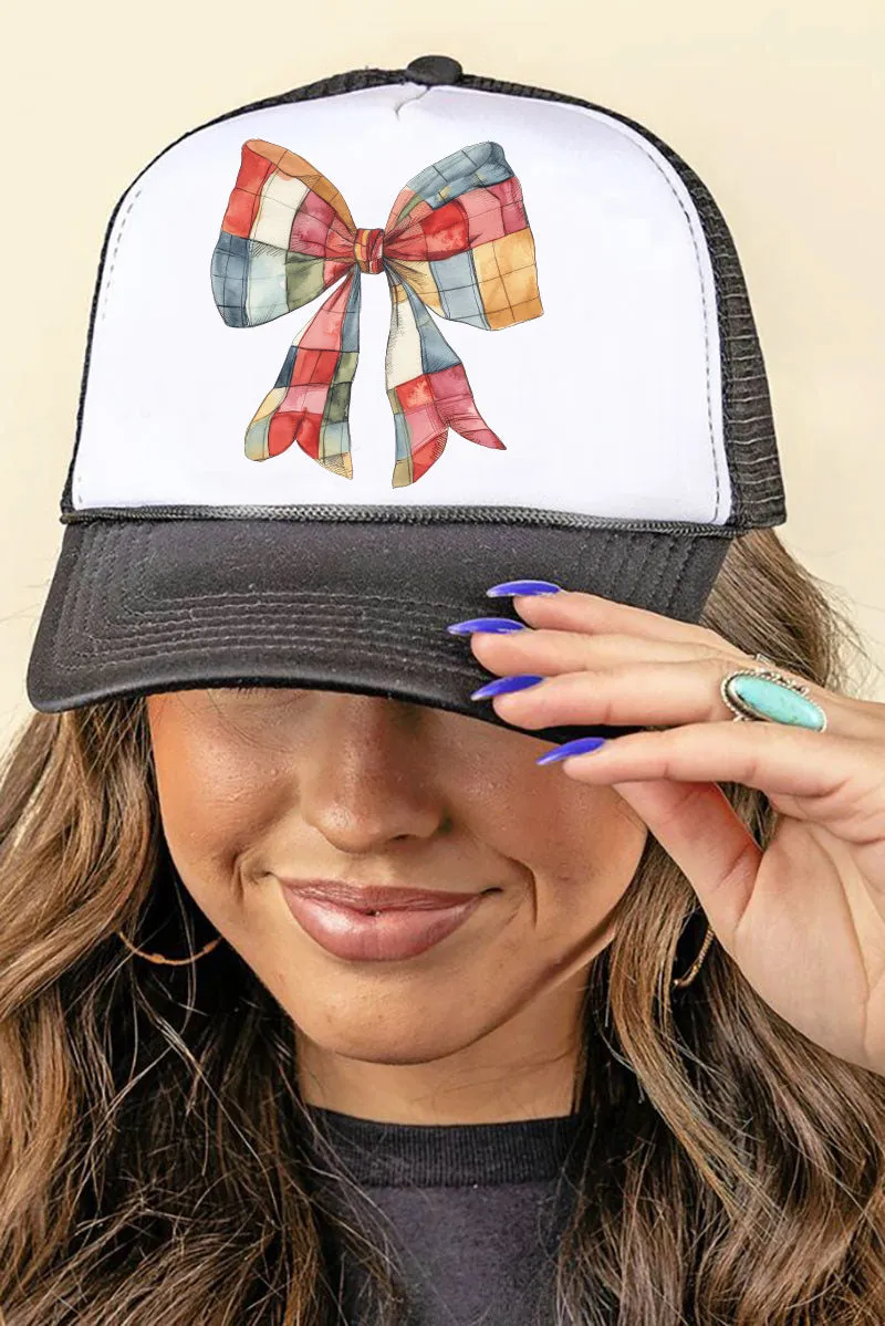 Faux Patchwork Red Bow Foam Mesh Back Trucker Cap