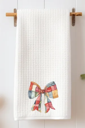 Faux Patchwork Red Bow Waffle Kitchen Towel