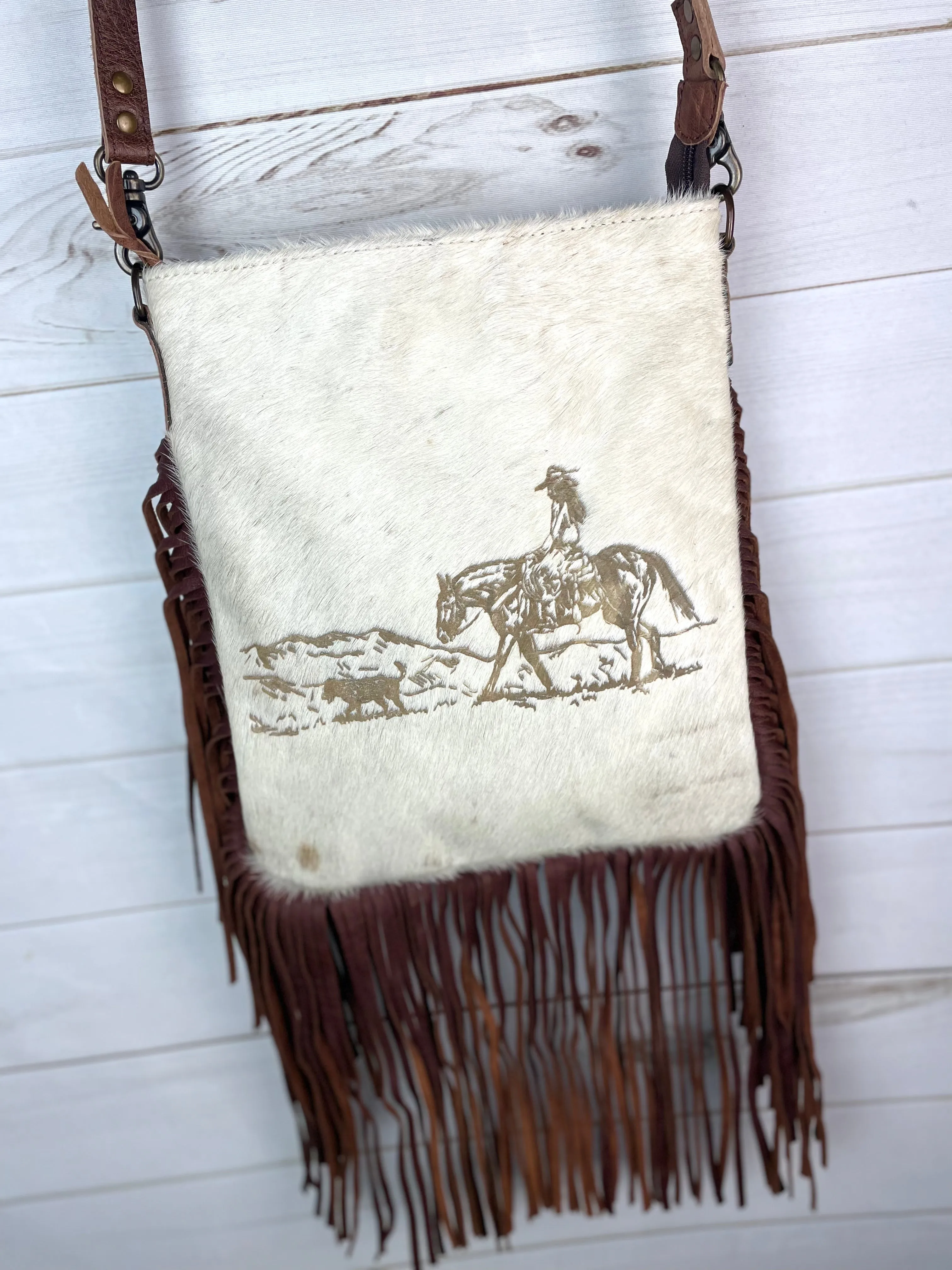 Female Rancher Branded Large Crossbody Bag with Leather Fringe