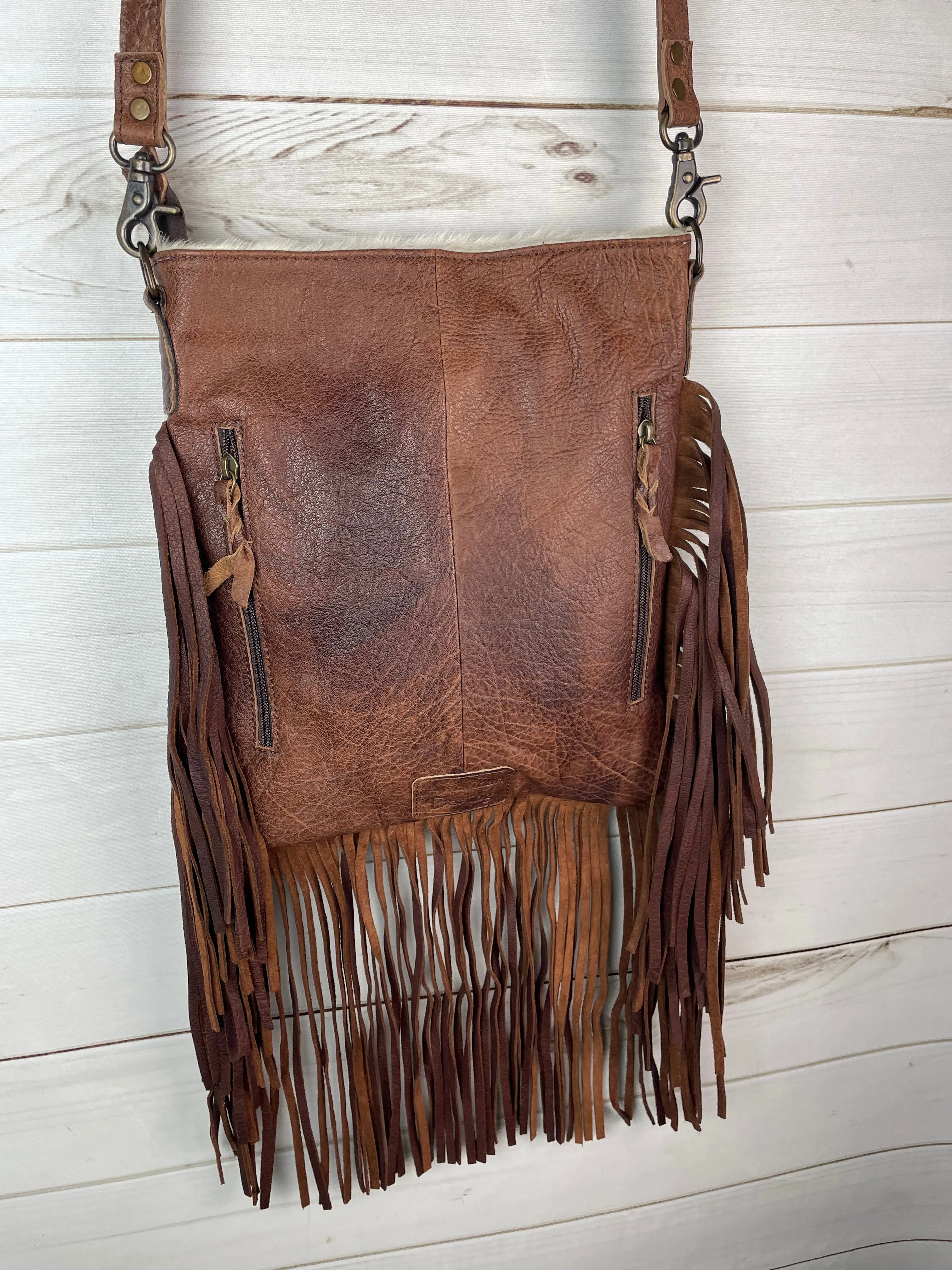Female Rancher Branded Large Crossbody Bag with Leather Fringe