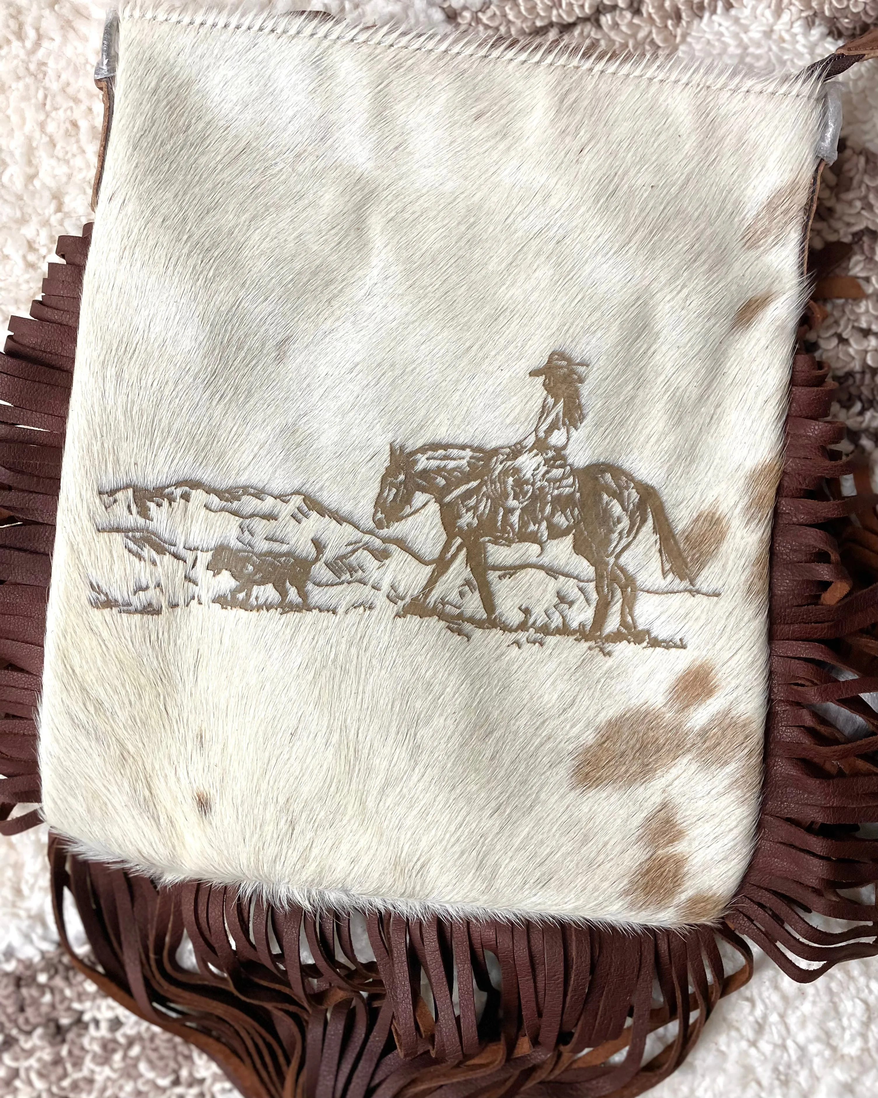 Female Rancher Branded Large Crossbody Bag with Leather Fringe