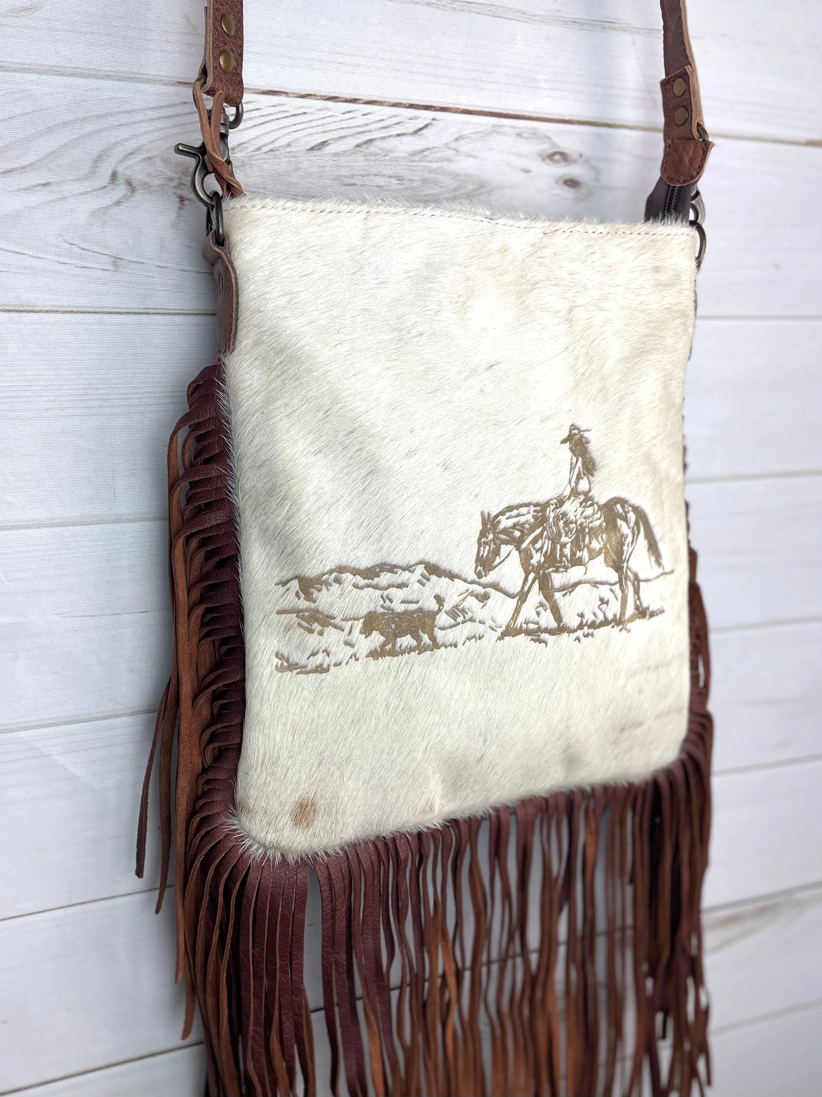 Female Rancher Branded Large Crossbody Bag with Leather Fringe