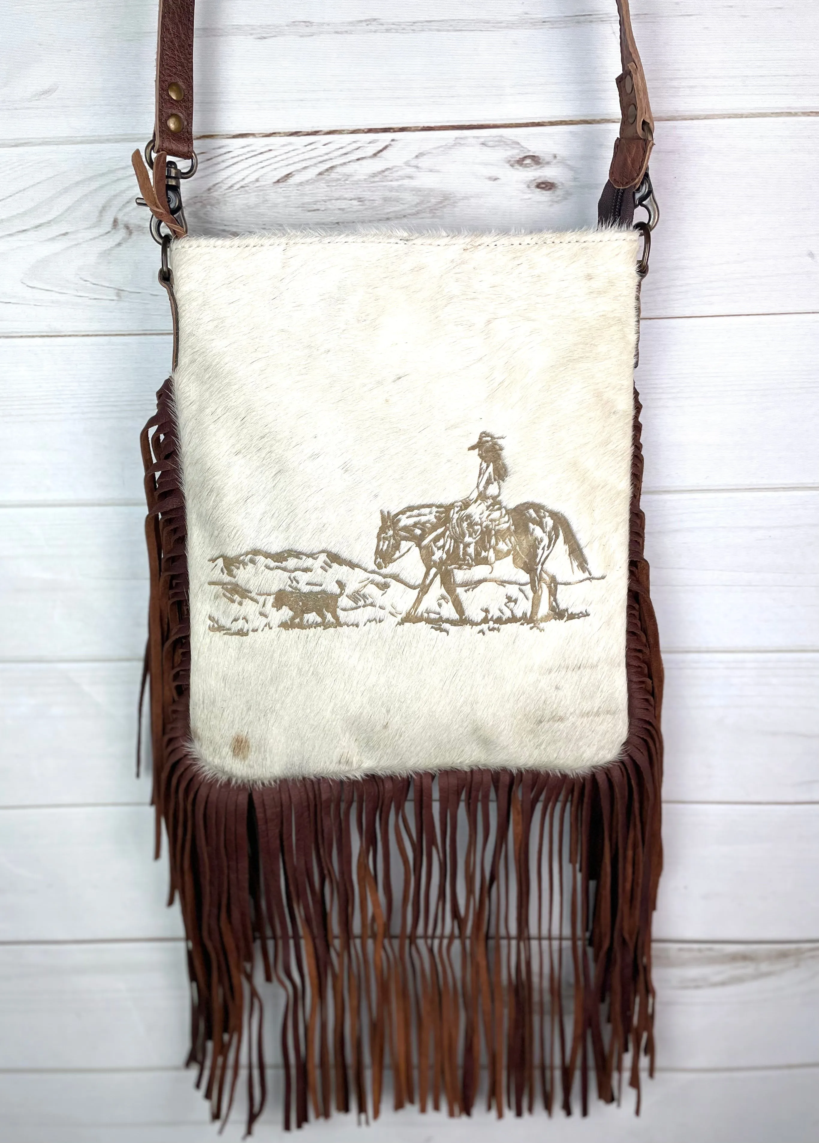 Female Rancher Branded Large Crossbody Bag with Leather Fringe