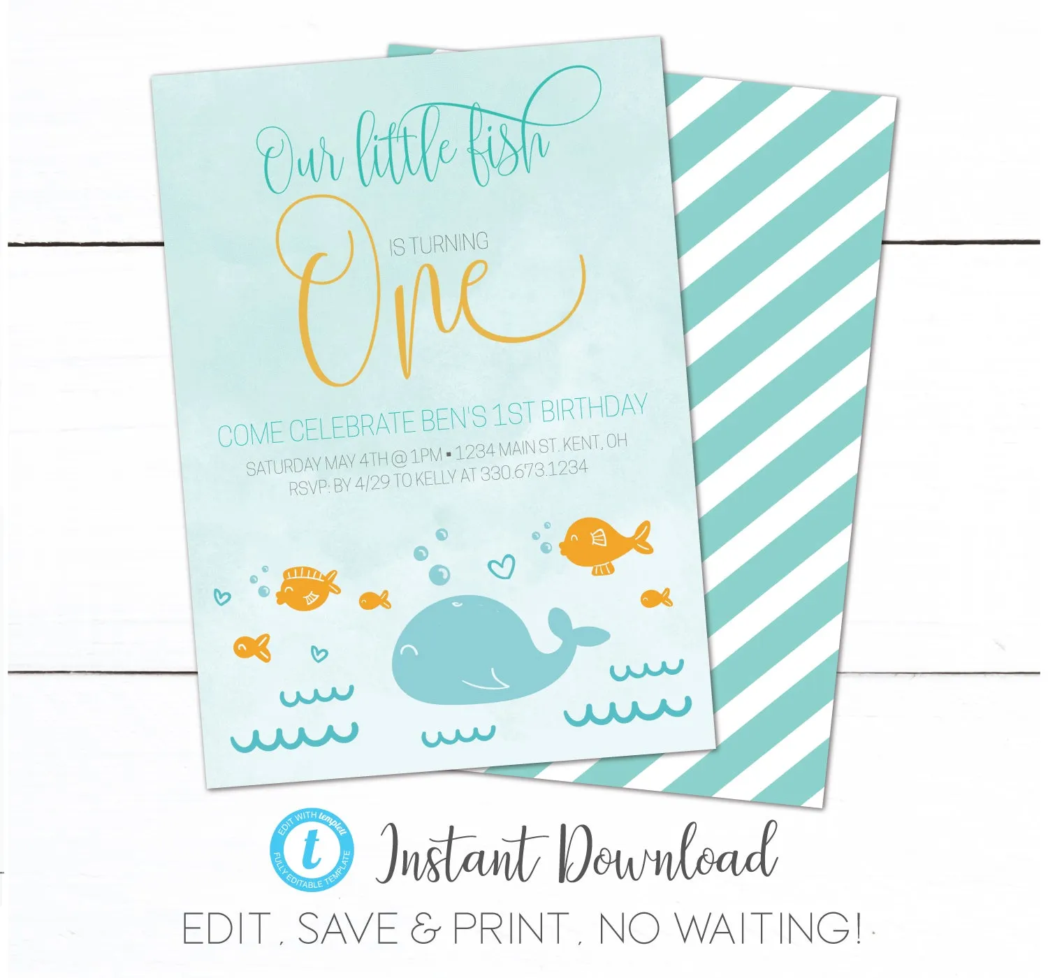 Fishing Swimming Kids First Birthday Invitation