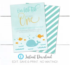 Fishing Swimming Kids First Birthday Invitation