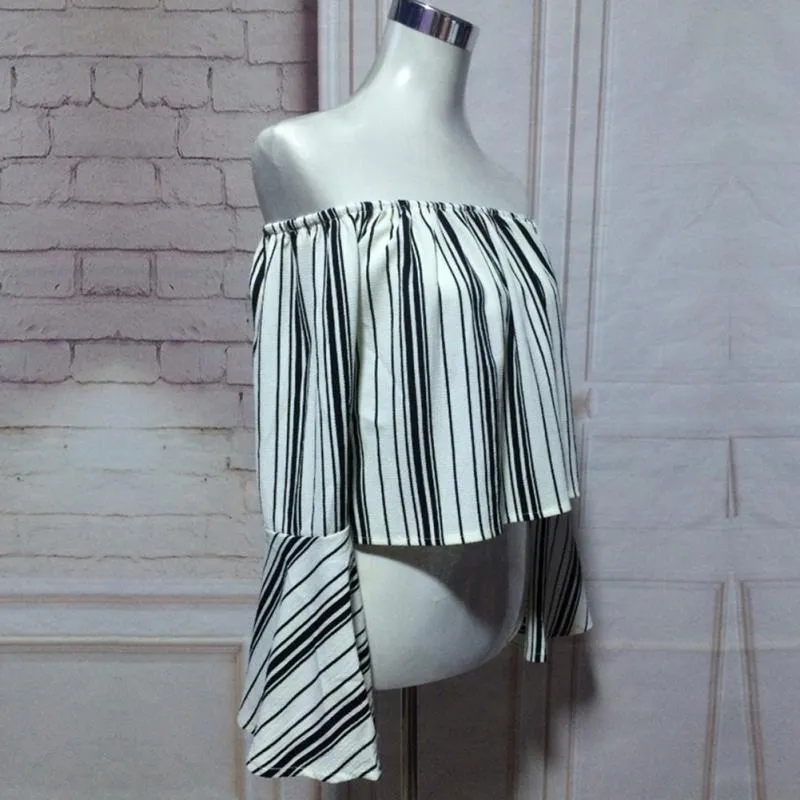 Flare Sleeve Stripe Pattern Off-Shoulder