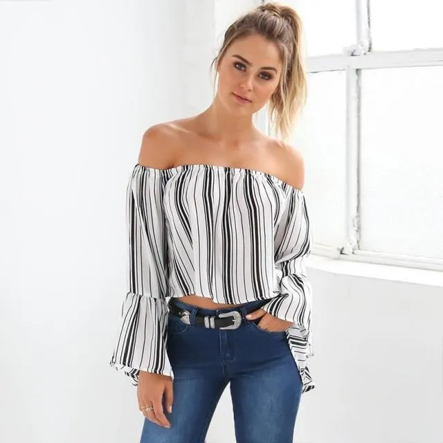 Flare Sleeve Stripe Pattern Off-Shoulder