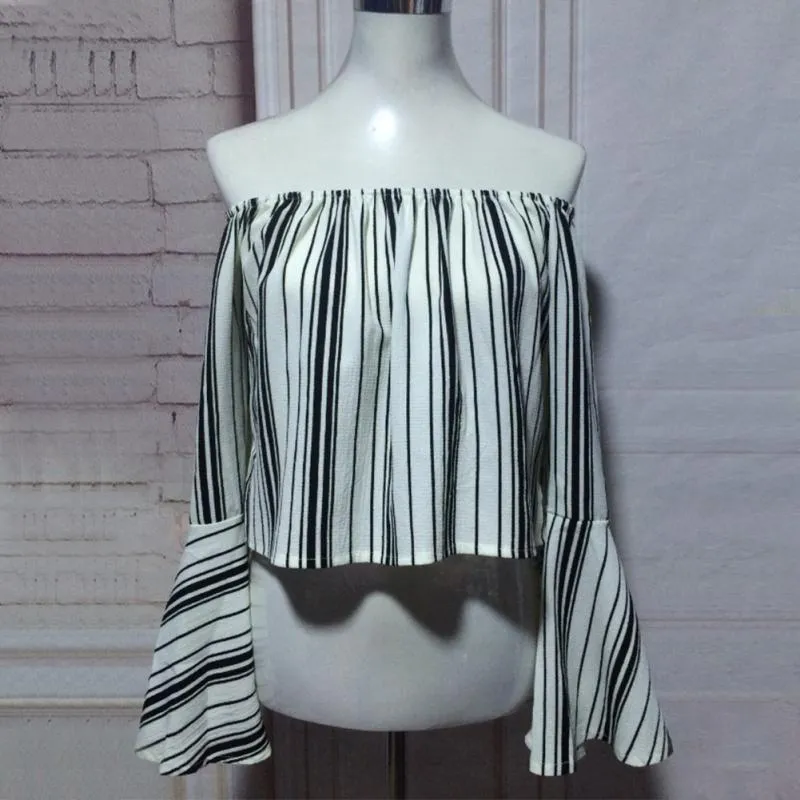 Flare Sleeve Stripe Pattern Off-Shoulder
