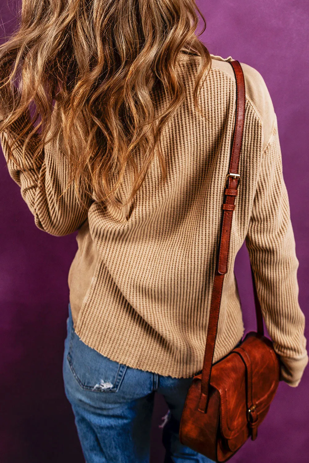 Flaxen Waffle Knit Patchwork Zipped Collared Top
