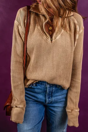 Flaxen Waffle Knit Patchwork Zipped Collared Top