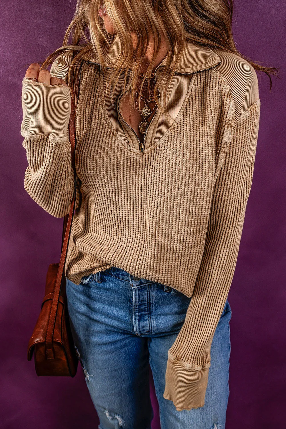 Flaxen Waffle Knit Patchwork Zipped Collared Top