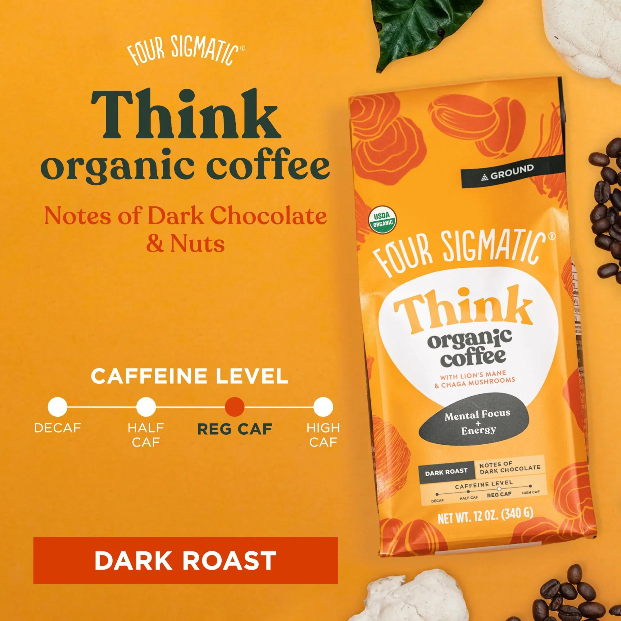Four Sigmatic Focus Mushroom Coffee | Organic Ground Coffee with Lion's Mane Mushroom and Chaga Mushroom | Nootropic Mushroom Coffee for Better Focus and Immune Support | 12oz Bag