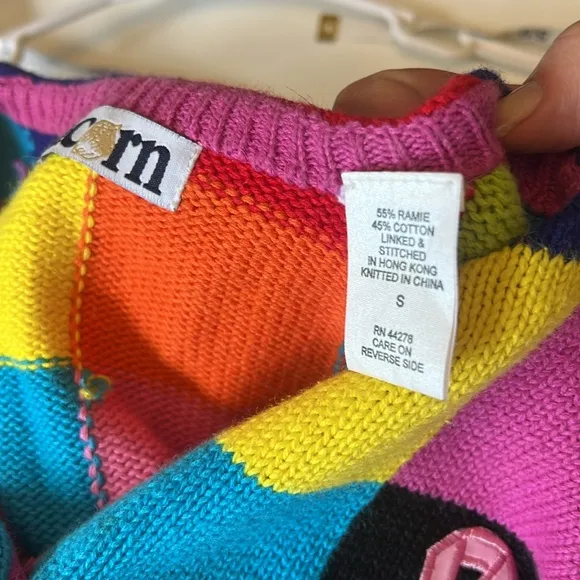Funky square rainbow patchwork knit sweater square geometrical breast cancer