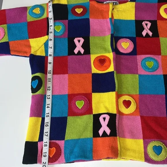Funky square rainbow patchwork knit sweater square geometrical breast cancer