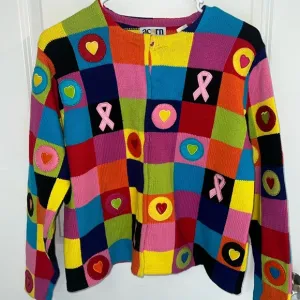 Funky square rainbow patchwork knit sweater square geometrical breast cancer