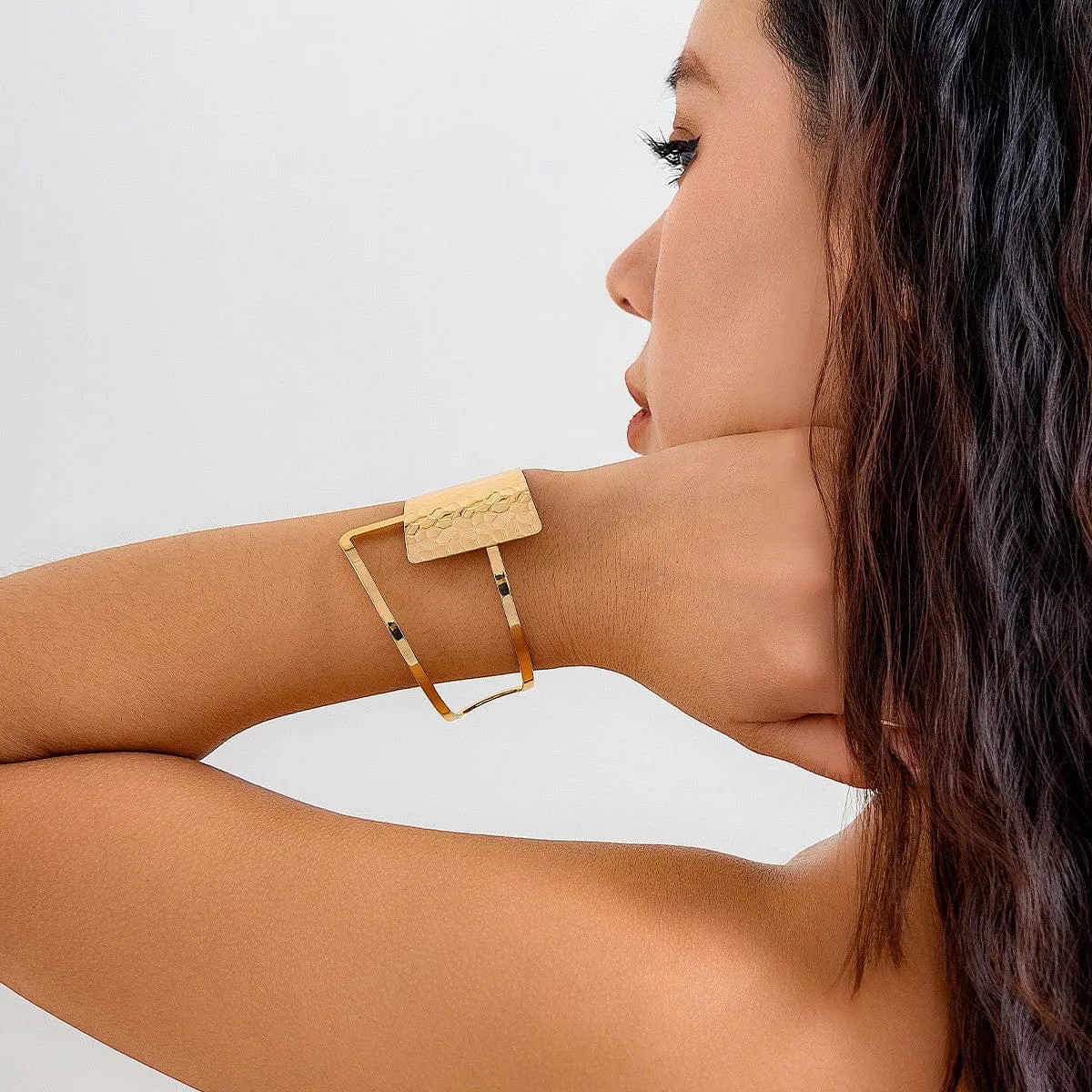 Geometric Hollow Patchwork Wide Cuff Bangle Bracelet