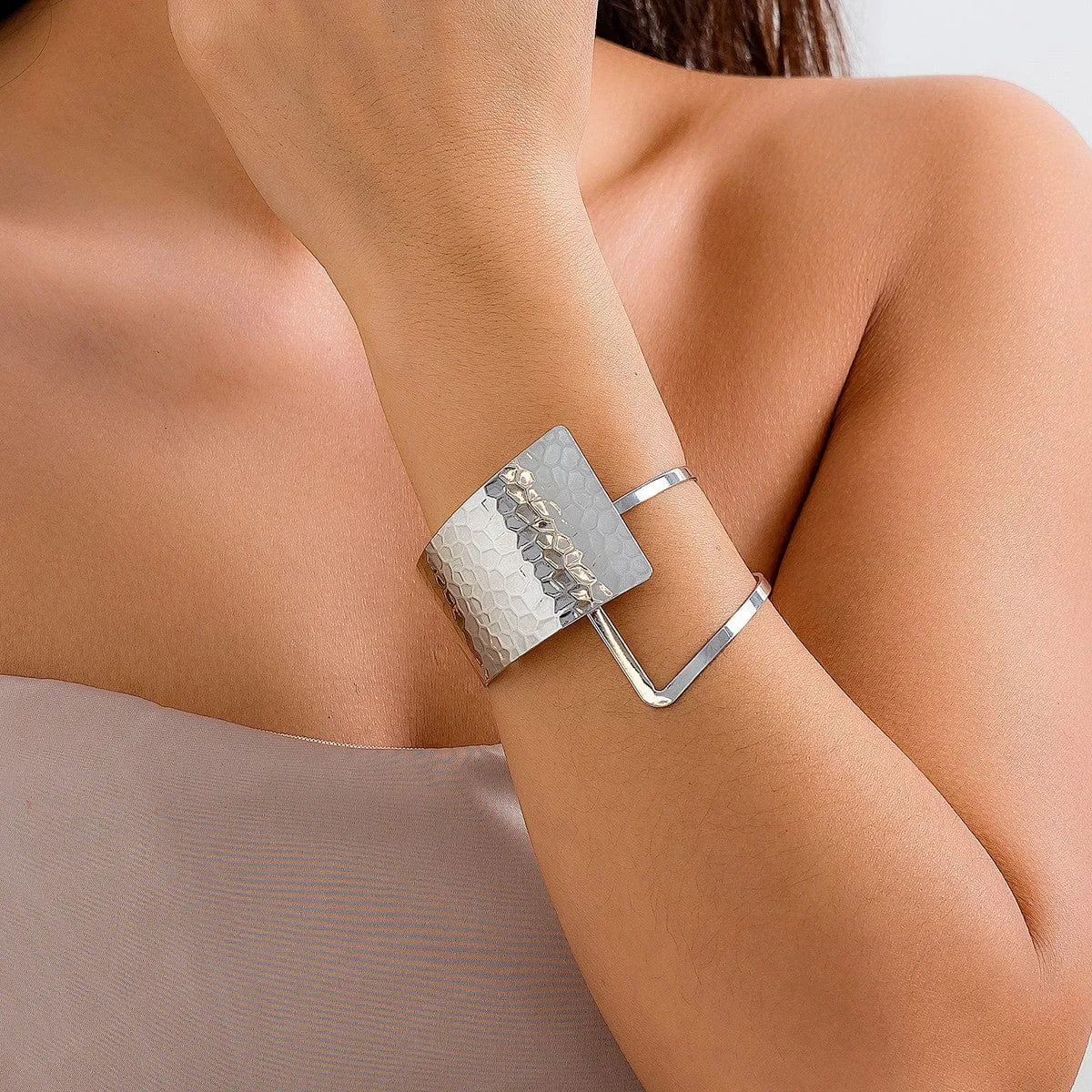 Geometric Hollow Patchwork Wide Cuff Bangle Bracelet
